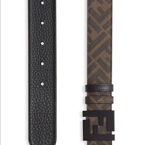 Belt with signature FF buckle reverses from allover logo print to a sleek